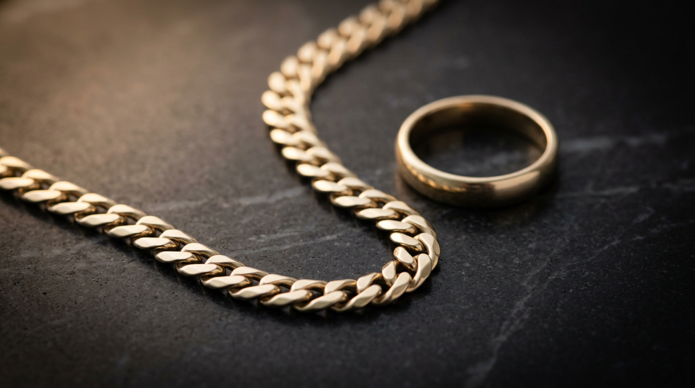 10K gold Cuban link chains and ring on dark surface showing the characteristic lighter gold color of 41.7% pure gold