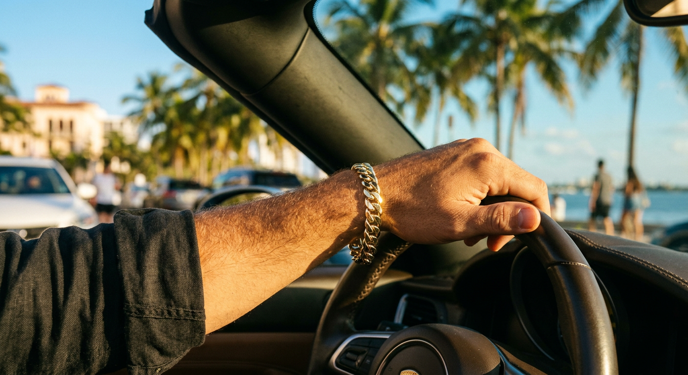 10K gold Cuban link bracelet worn on wrist in active outdoor Miami setting with palm trees in background