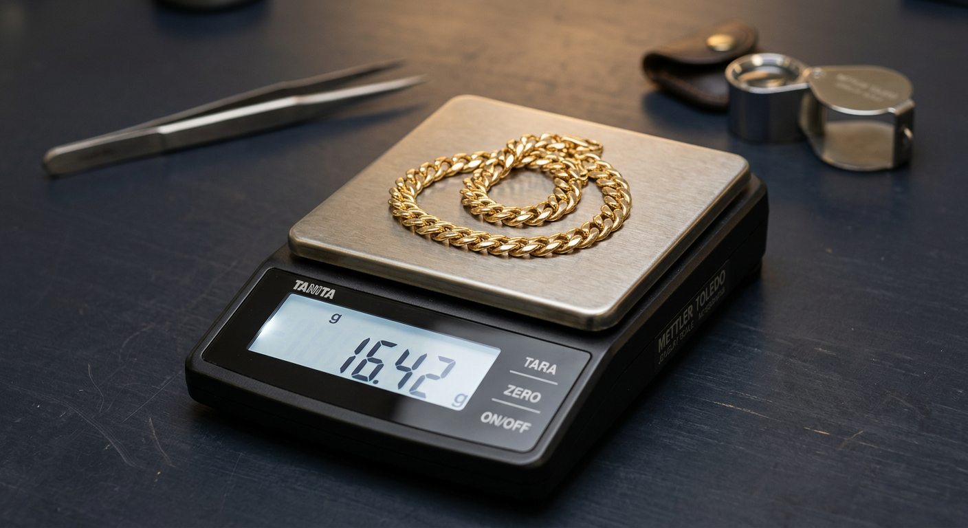 14K gold jewelry on a precision scale demonstrating the relationship between weight and value