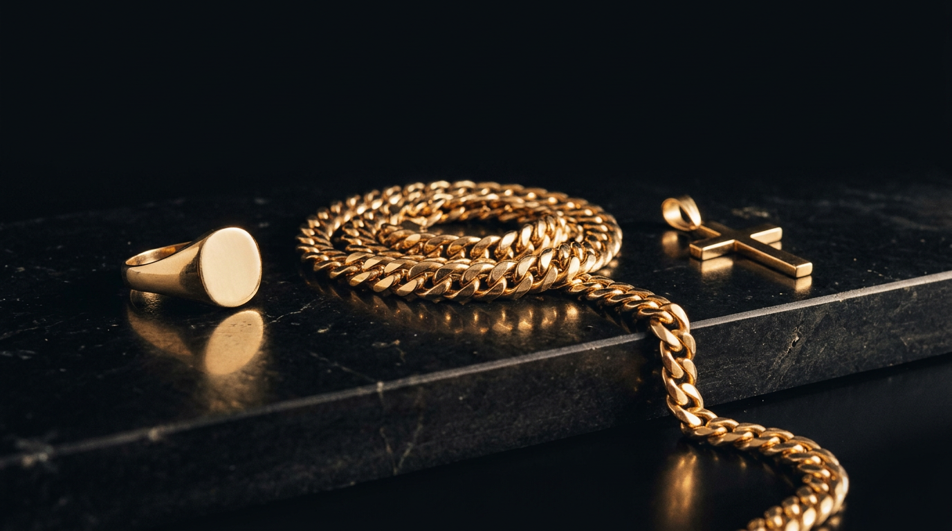14K gold Cuban link chain, signet ring, and cross pendant on dark surface showing the rich warm yellow color of 58.3% pure gold