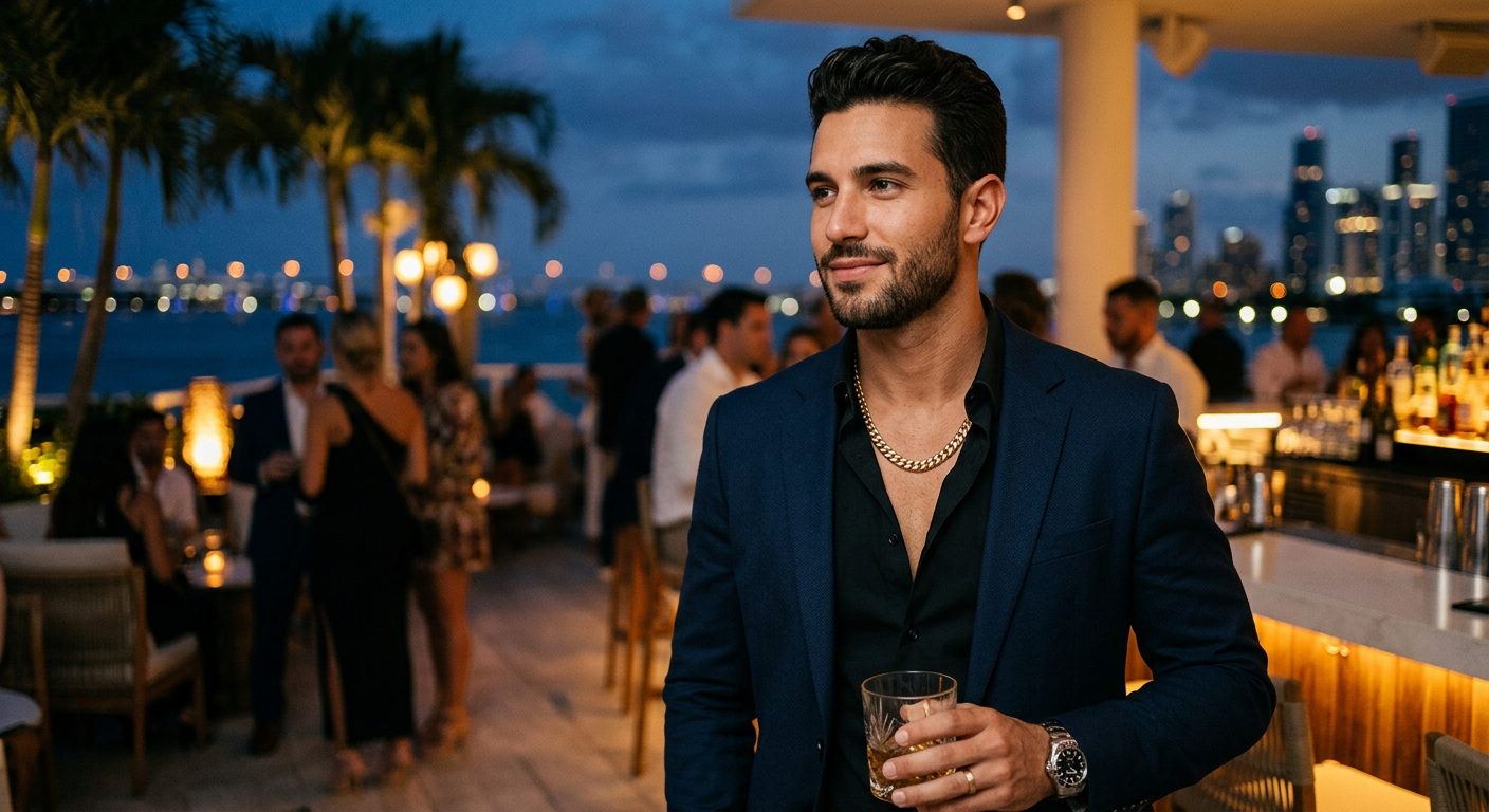 Man wearing 14K gold chain in Miami nightlife setting with sophisticated ambient lighting