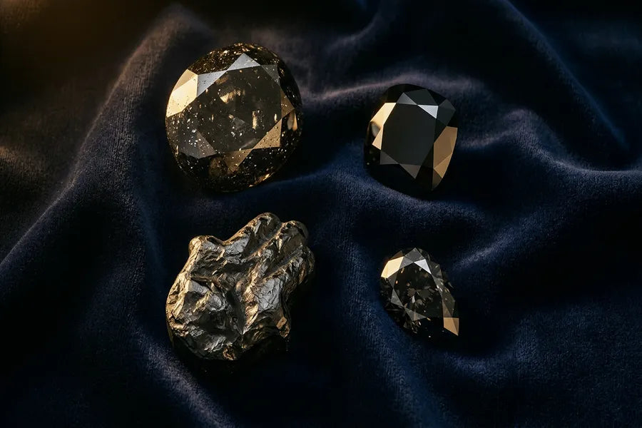 Representaciones artísticas de cuatro famosos diamantes negros, incluyendo el Spirit de Grisogono, Black Orlov, Enigma y Amsterdam Diamond