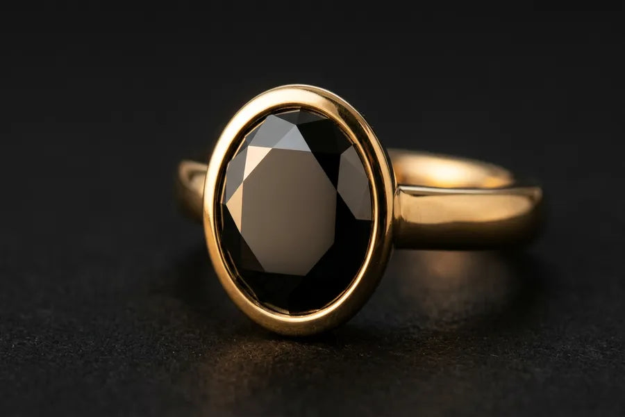 Primer plano de un diamante negro de talla brillante redondo engastado en un anillo biselado de oro amarillo pulido sobre un fondo oscuro con iluminación de acento cálida