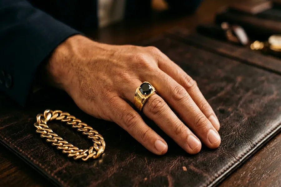 Man's hand wearing a bold black diamond ring in 10K yellow gold resting on dark leather with a gold Cuban link bracelet nearby