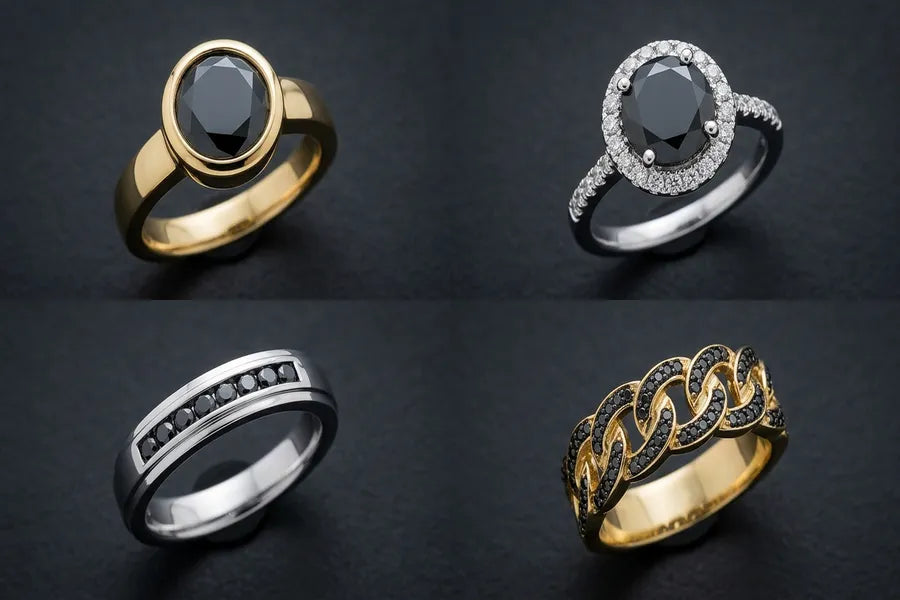 Cuatro engastes de anillos de diamantes negros que muestran estilos de bisel, de garra con halo, de banda de canal y de pavé tipo eslabón cubano en oro amarillo y blanco