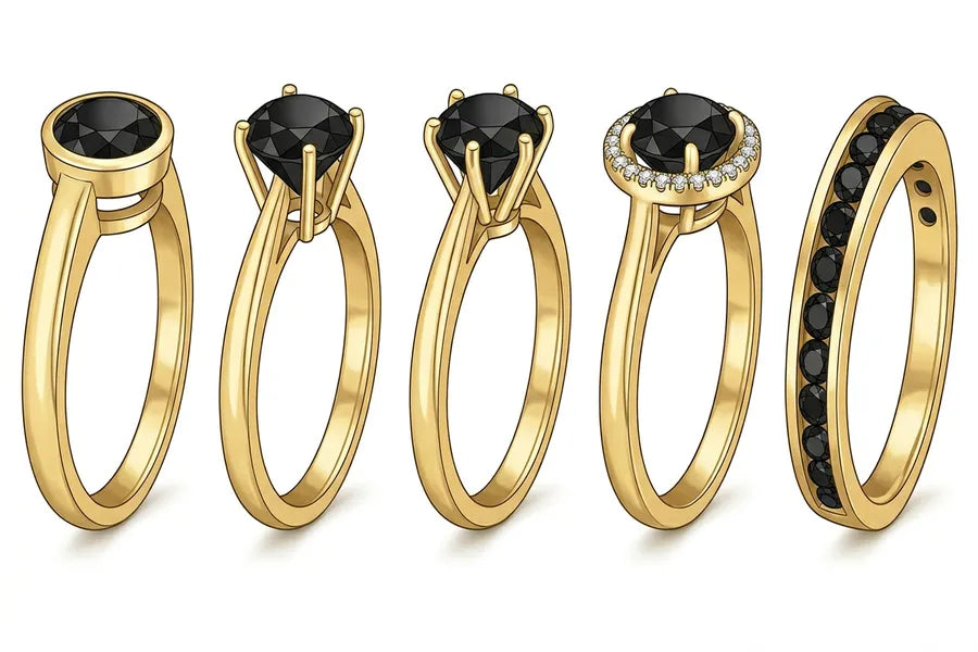 Ilustración técnica de cinco tipos de engaste de diamantes para diamantes negros, incluidos engastes de bisel, de 4 garras, de 6 garras, de halo y de canal en oro