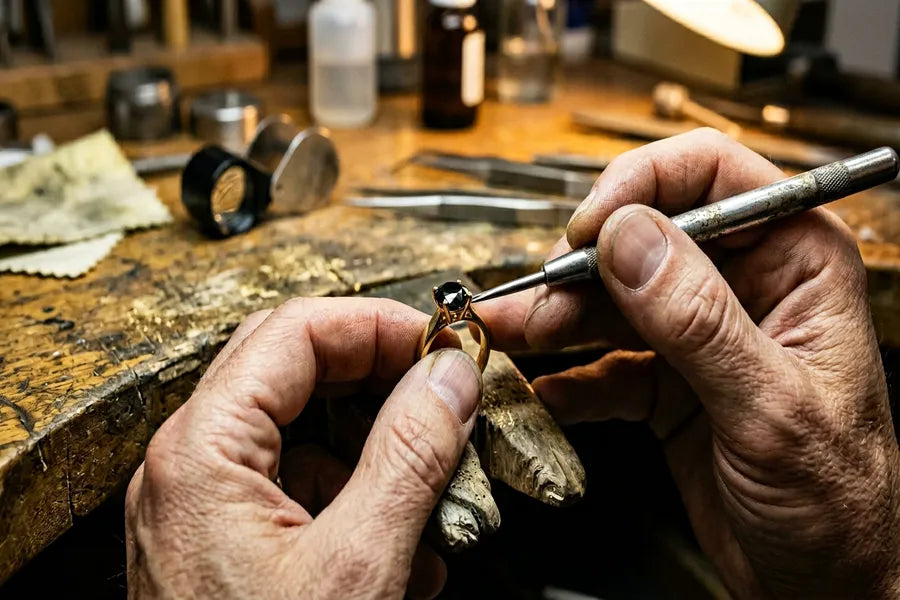 Skilled jeweler's hands setting a black diamond into a yellow gold ring at a professional jewelry workshop bench with tools and magnifying loupe