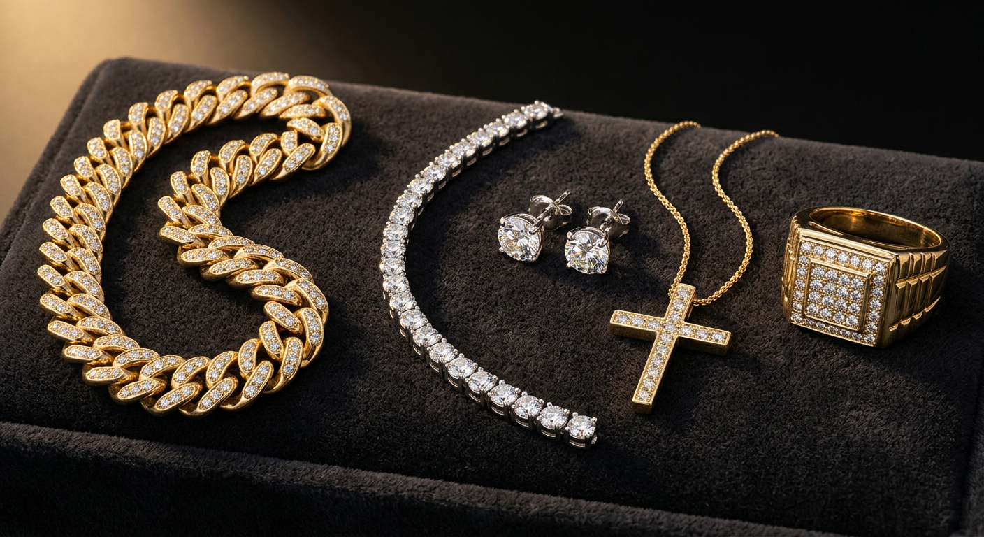 Diamond jewelry collection displayed on dark velvet including Cuban link chain, tennis bracelet, stud earrings, and pendant in gold settings