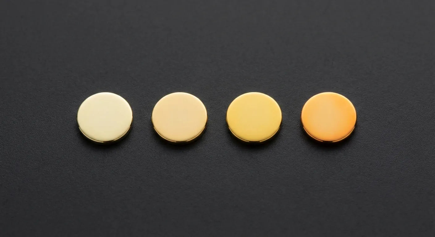 Four polished gold discs showing color differences between 10K, 14K, 18K, and 24K gold on dark surface
