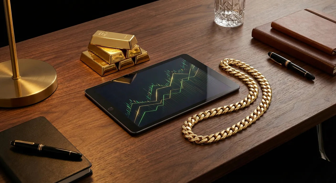 Professional financial workspace with gold bars and tablet showing rising gold market trend lines on executive desk
