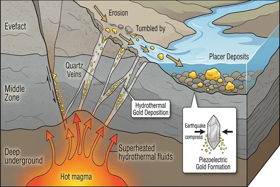 Educational diagram showing how gold nuggets form in nature — hydrothermal fluids, quartz veins, and placer deposits in river cross-section