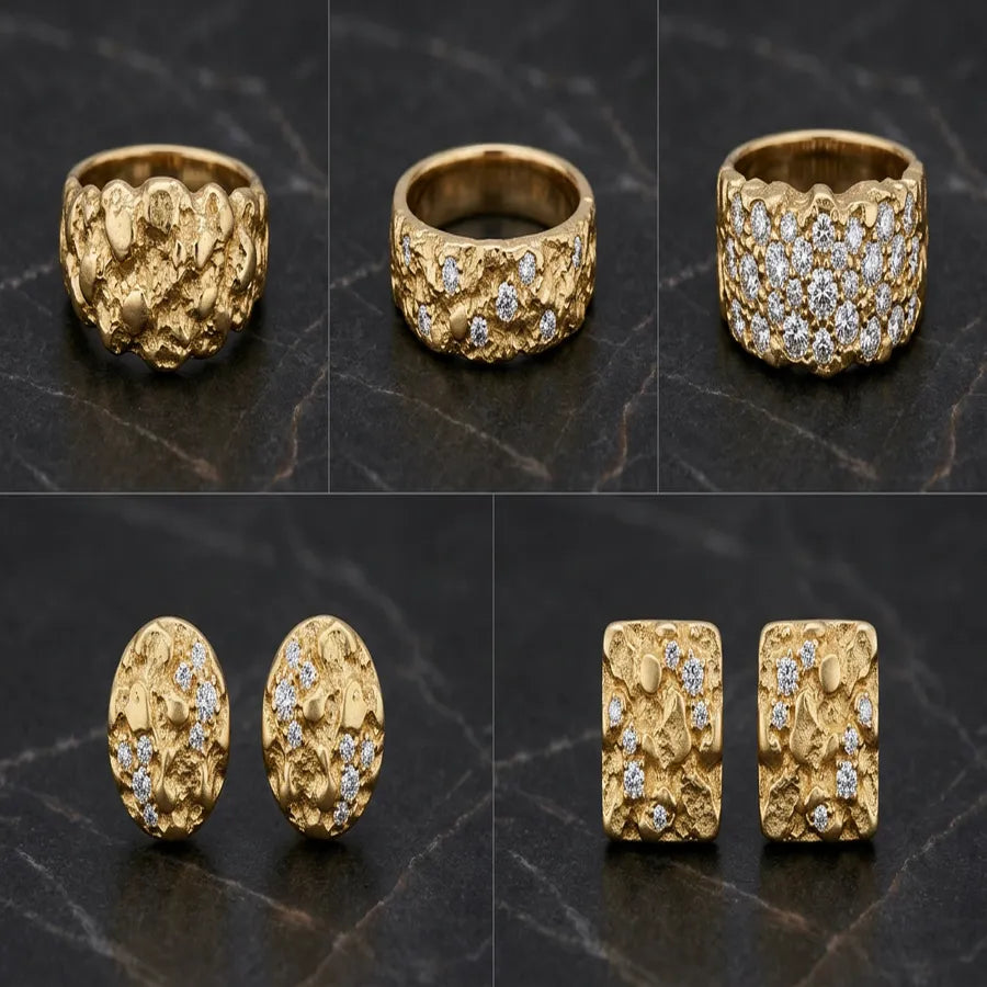 GOLDZENN gold nugget jewelry collection — diamond nugget rings and earrings in 10K solid gold on dark display