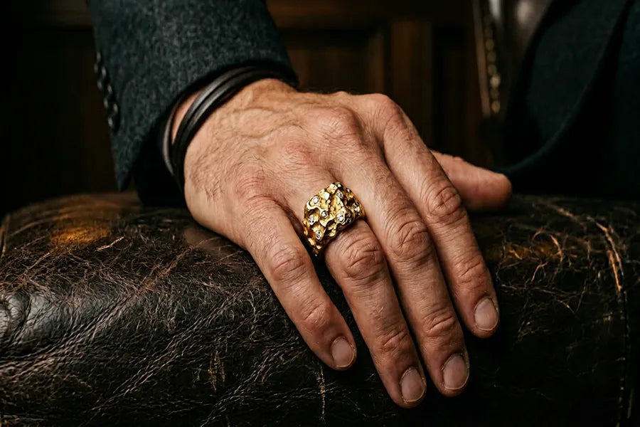 Gold nugget ring with diamond accents on man's hand — bold textured 10K gold jewelry by GOLDZENN