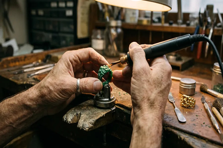 Master jeweler sculpting gold nugget texture in wax for lost wax casting at GOLDZENN workshop