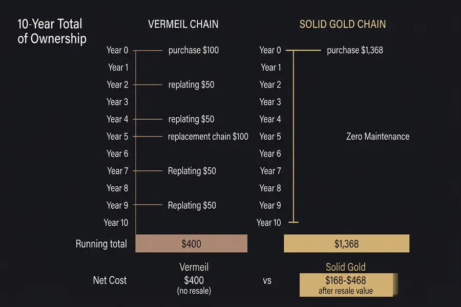 Comparación del costo total de propiedad a 10 años entre una cadena de vermeil de oro y una cadena de oro macizo, mostrando los costos de rechapado y el valor de reventa