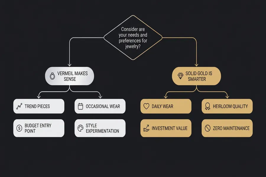 Diagrama de flujo de decisión que muestra cuándo elegir vermeil de oro o oro macizo según la frecuencia de uso, el presupuesto y el estilo de vida