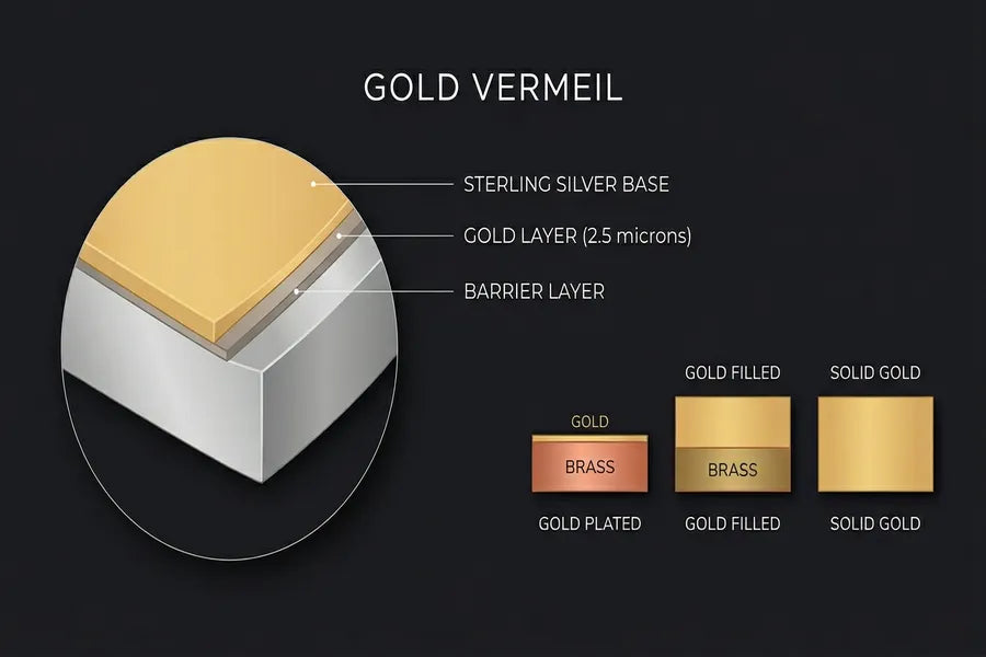 Diagrama técnico de sección transversal que muestra el proceso de galvanoplastia para el vermeil de oro con comparación del grosor de la capa de oro