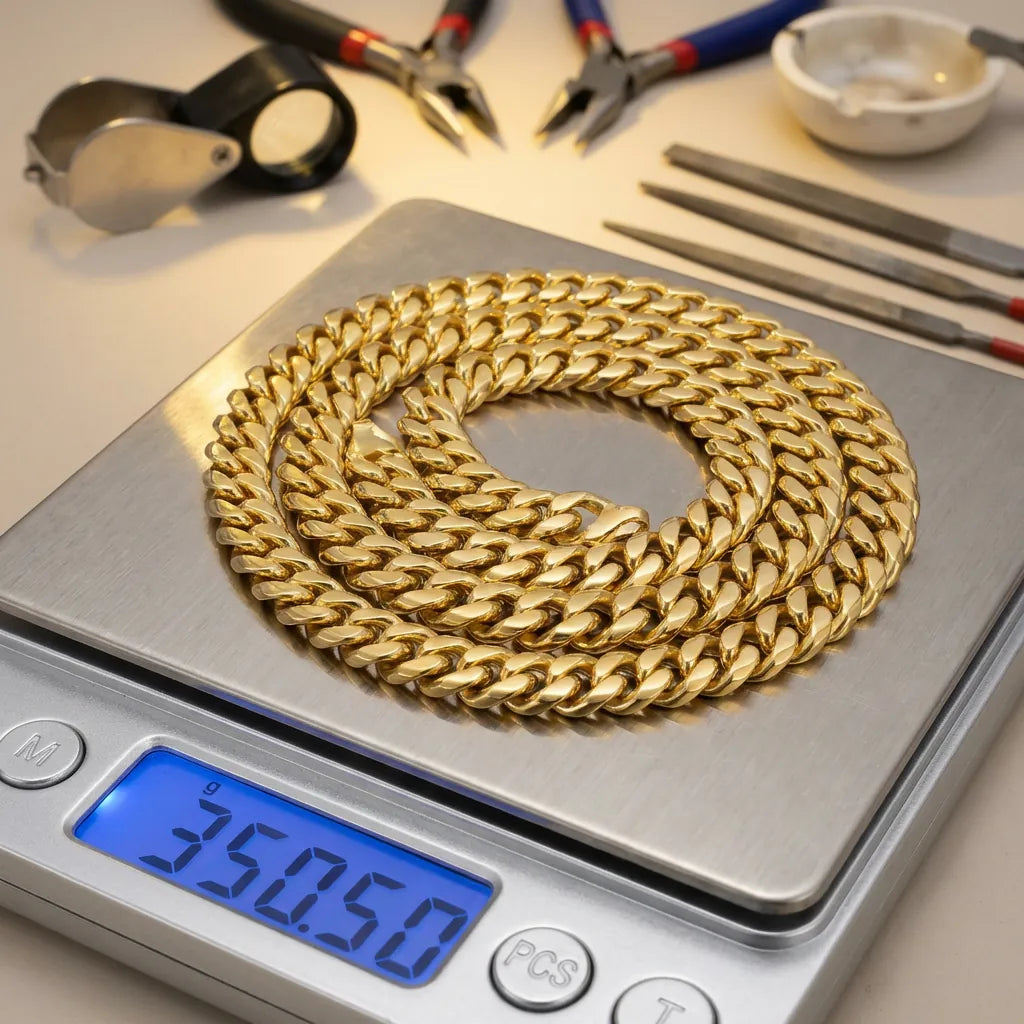 Precision digital jeweler's scale weighing a solid gold Cuban link chain in professional workshop with warm lighting