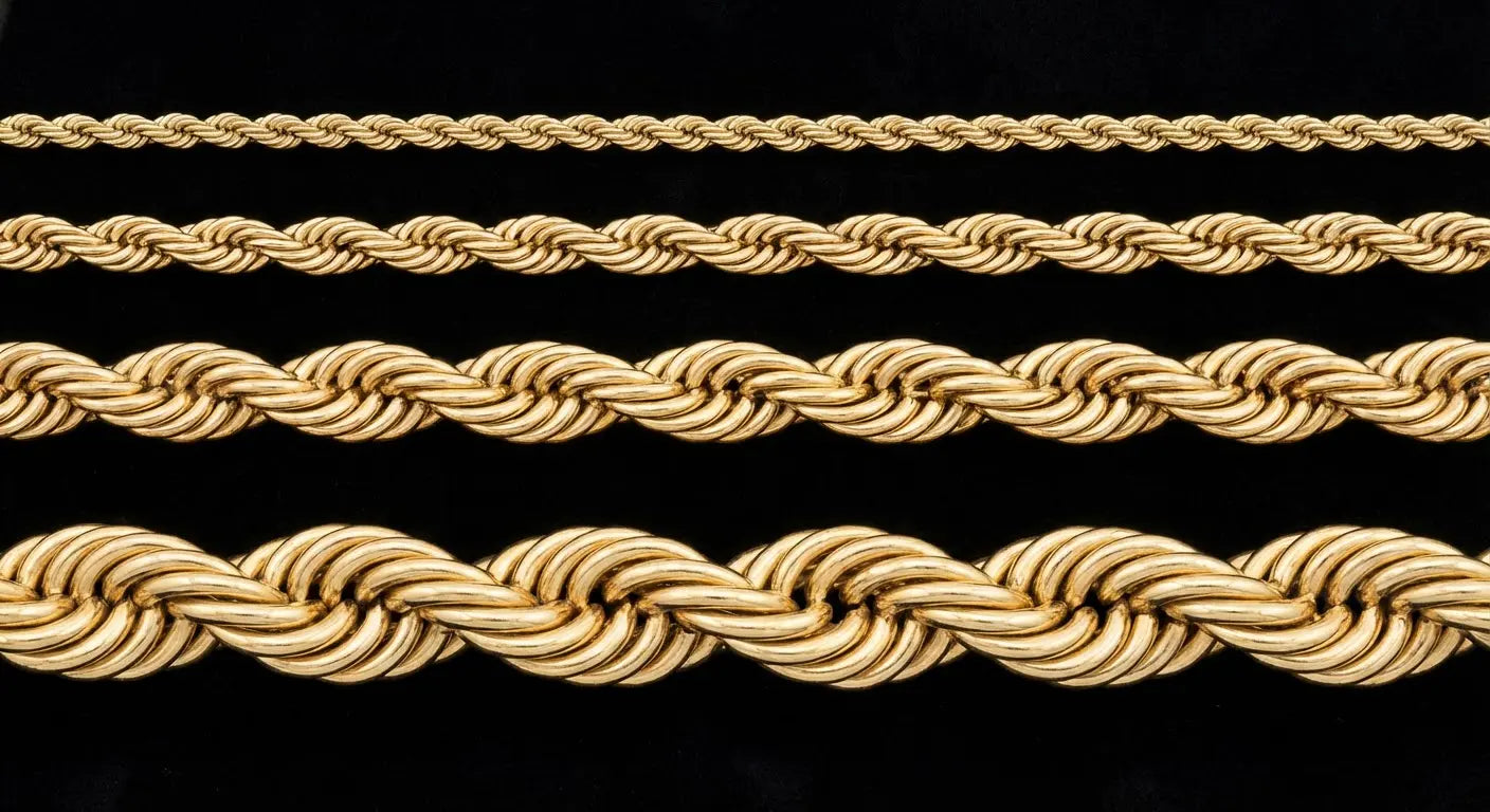 Four gold rope chains of increasing width laid parallel on dark velvet surface, showing size progression from thin 3mm at top to thick 15mm at bottom, overhead professional jewelry photography