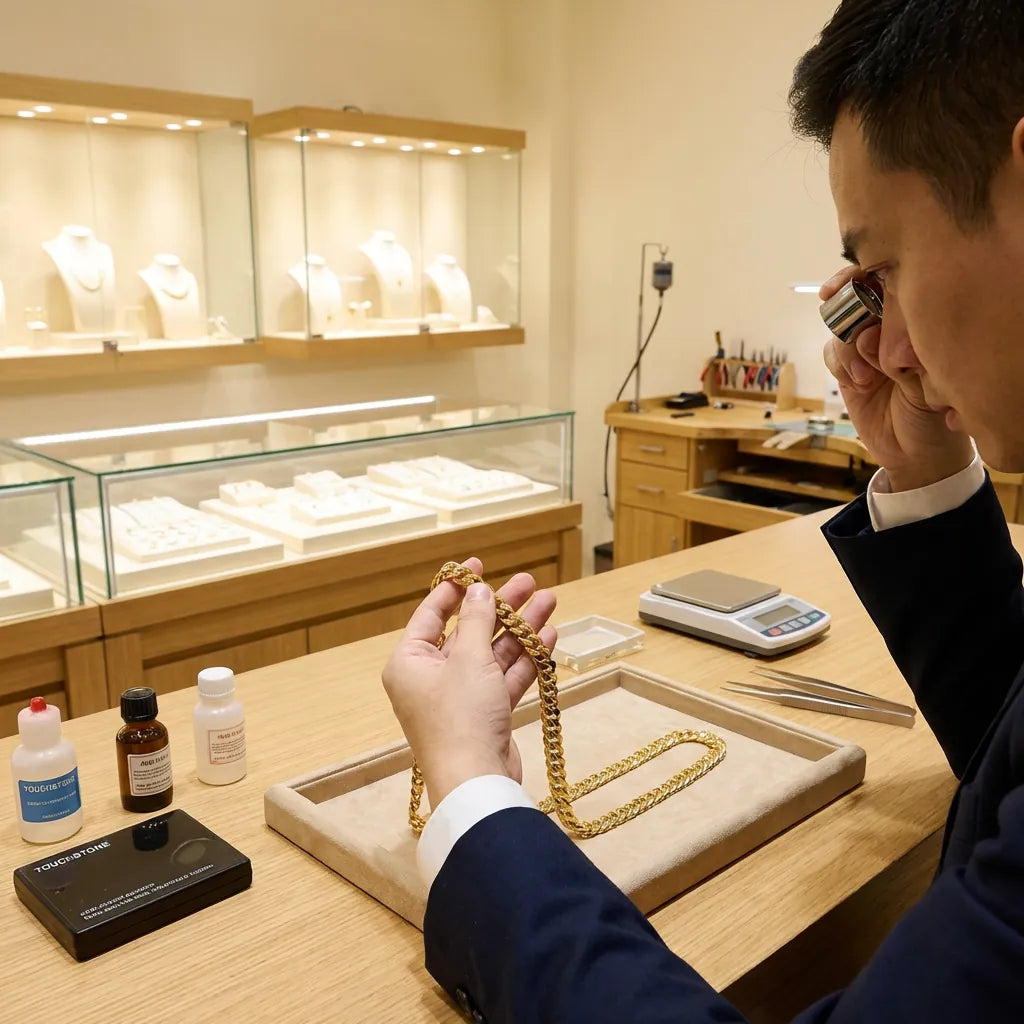 Professional jeweler examining gold Cuban link chain with loupe at well-lit jewelry workshop counter with display cases